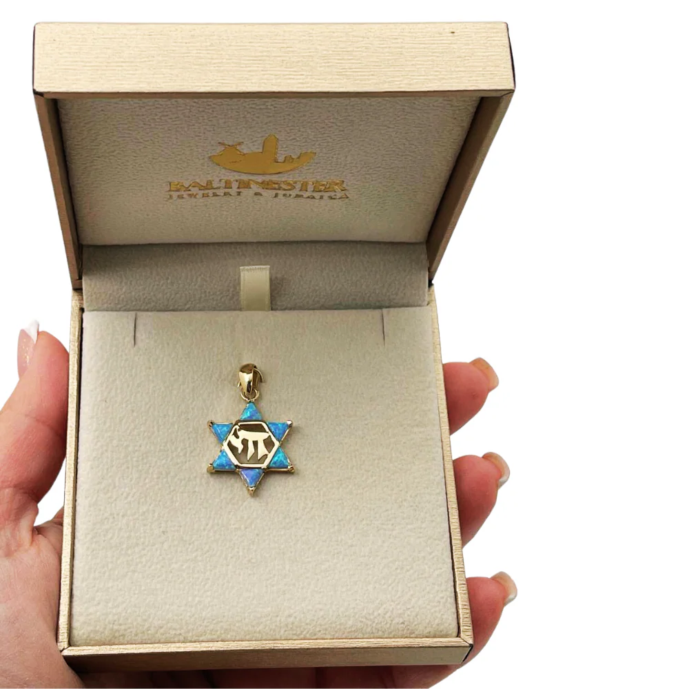 Opal Star of David Chai Pendant in 14k Gold - Image 10