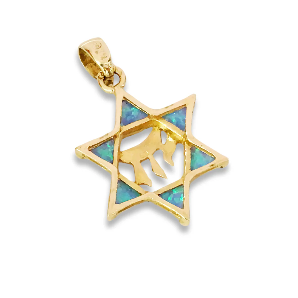 Opal Star of David Chai Pendant in 14k Gold - Image 11