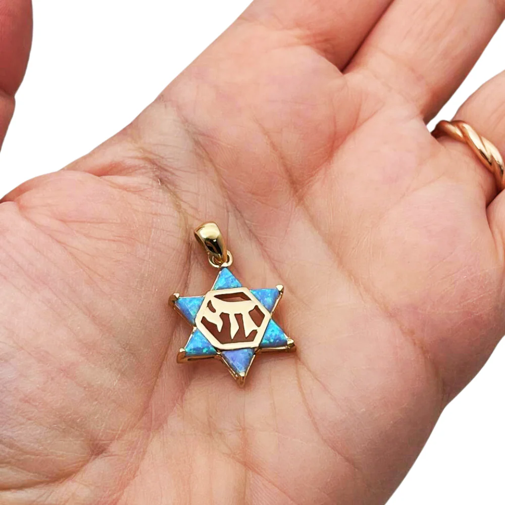 Opal Star of David Chai Pendant in 14k Gold - Image 3