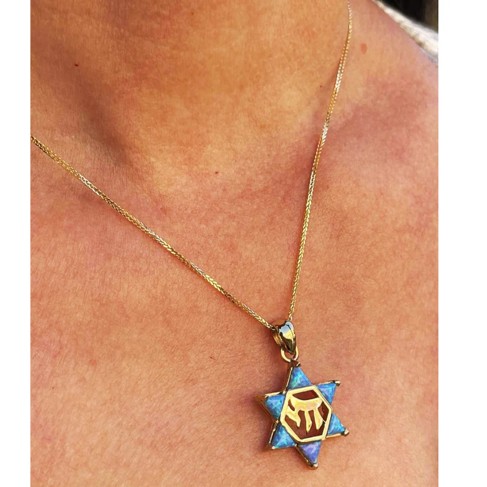 Opal Star of David Chai Pendant in 14k Gold - Image 5