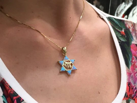 Opal Star of David Chai Pendant in 14k Gold - Image 6