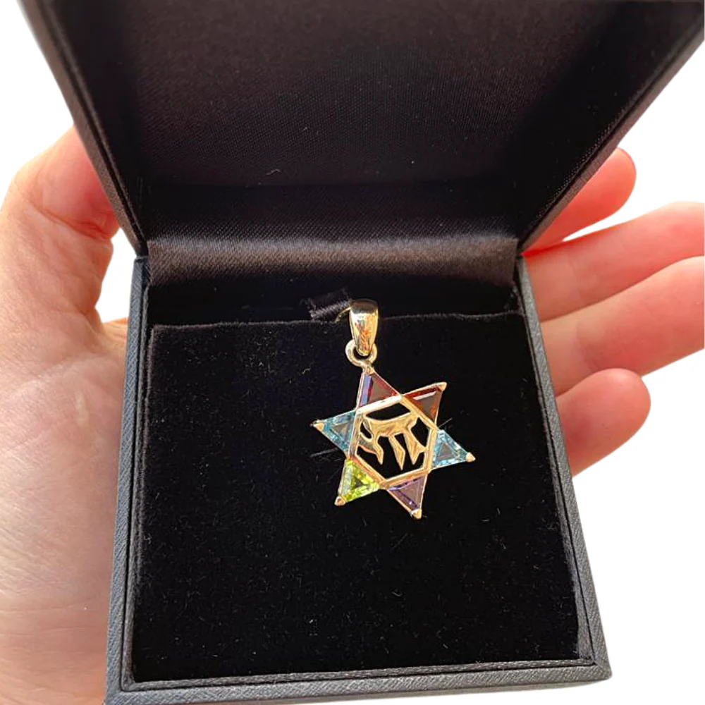 14k Gold Star of David Chai Multicolored Stone Pendant - Image 10