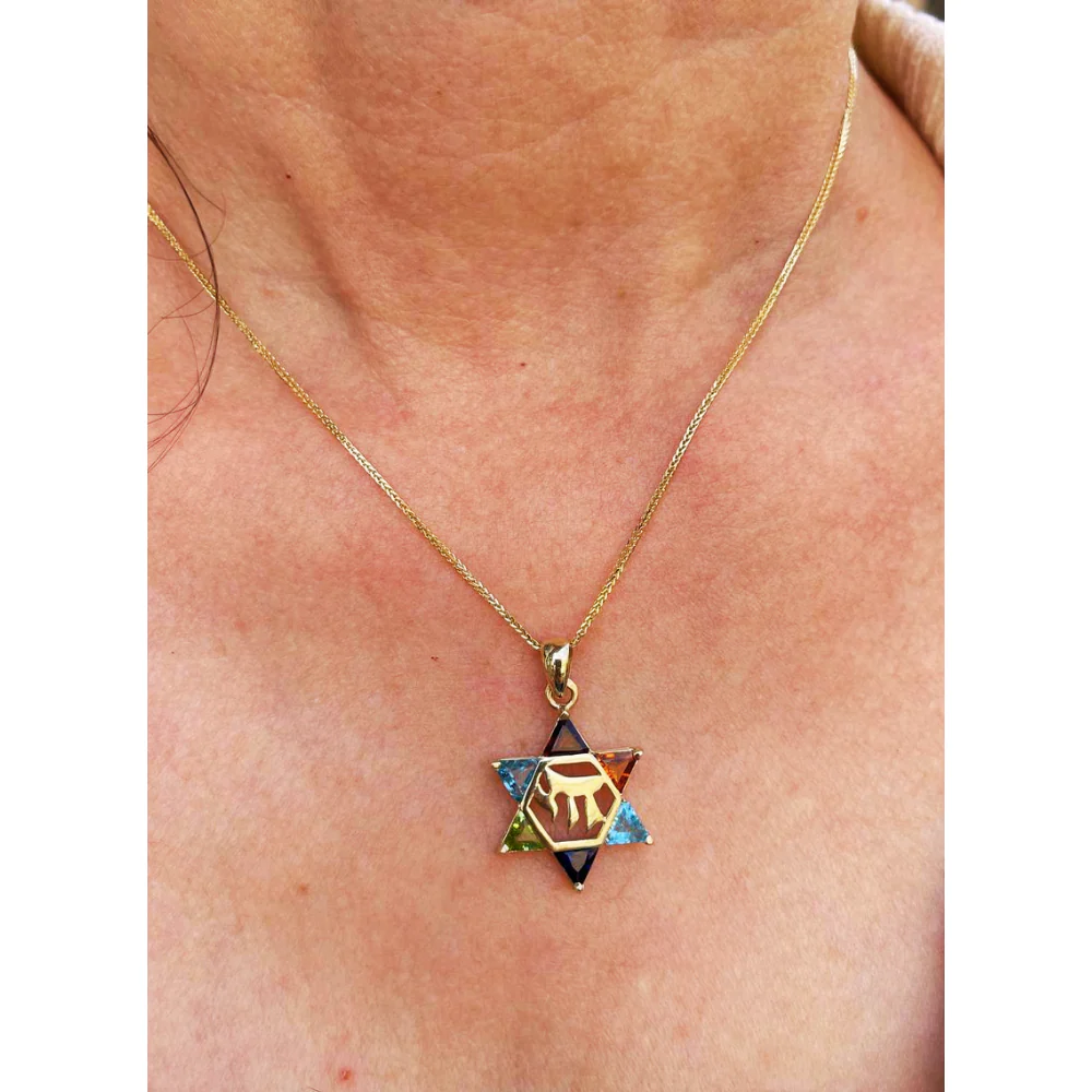 14k Gold Star of David Chai Multicolored Stone Pendant - Image 11