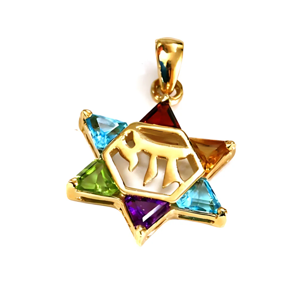 14k Gold Star of David Chai Multicolored Stone Pendant - Image 12