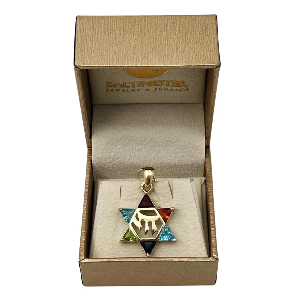 14k Gold Star of David Chai Multicolored Stone Pendant - Image 5