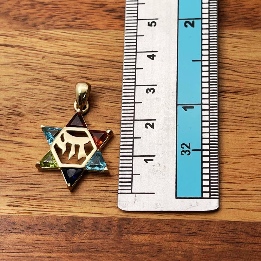 14k Gold Star of David Chai Multicolored Stone Pendant - Image 6