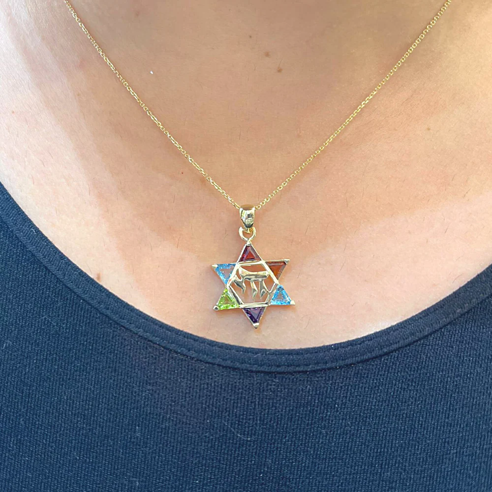 14k Gold Star of David Chai Multicolored Stone Pendant - Image 7