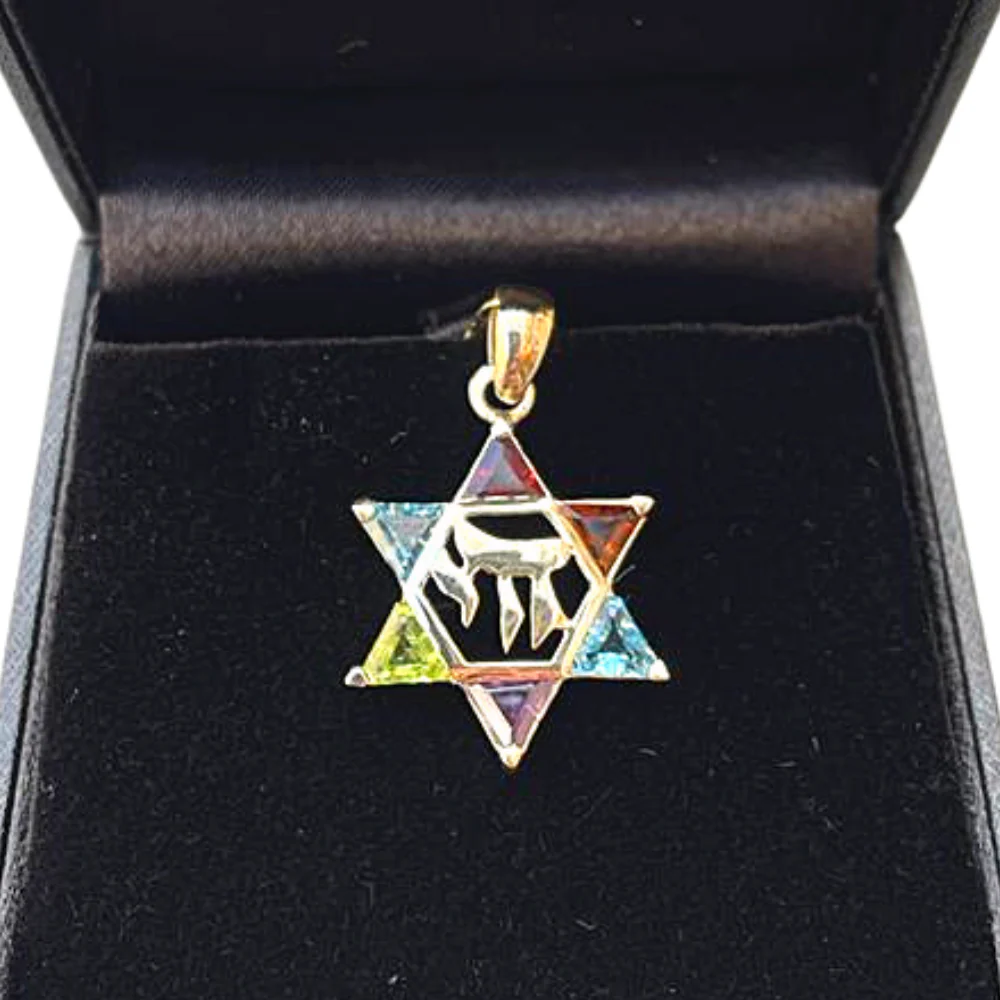 14k Gold Star of David Chai Multicolored Stone Pendant - Image 9