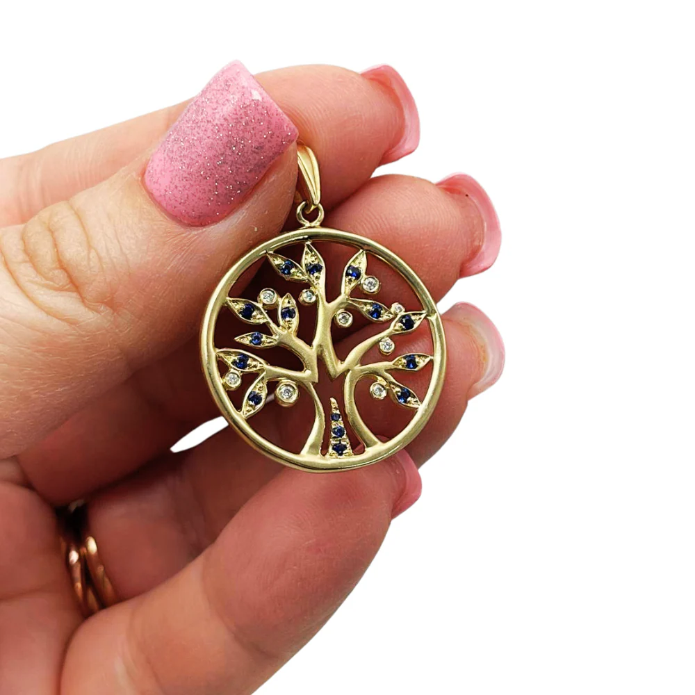 Tree of Life Round Pendant with Diamonds & Sapphires in 14K Yellow Gold - Image 2