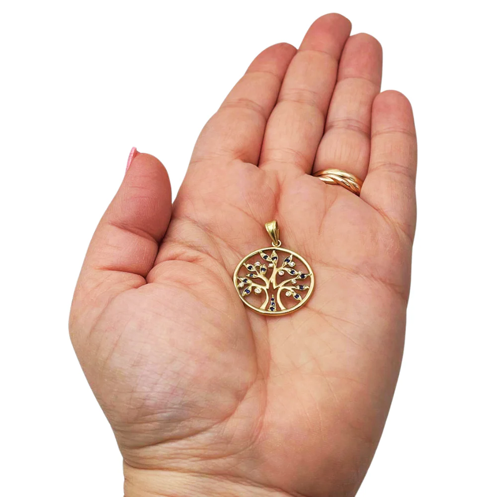 Tree of Life Round Pendant with Diamonds & Sapphires in 14K Yellow Gold - Image 3