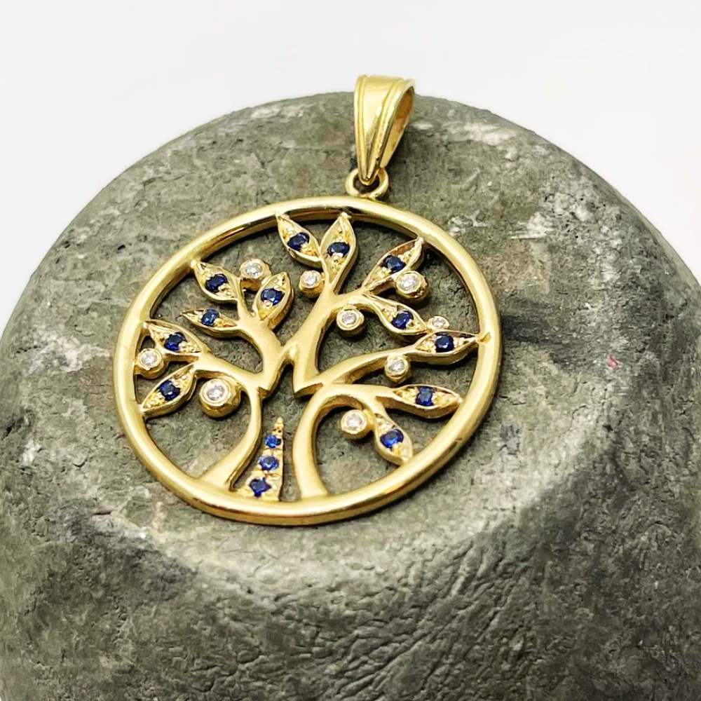 Tree of Life Round Pendant with Diamonds & Sapphires in 14K Yellow Gold - Image 5
