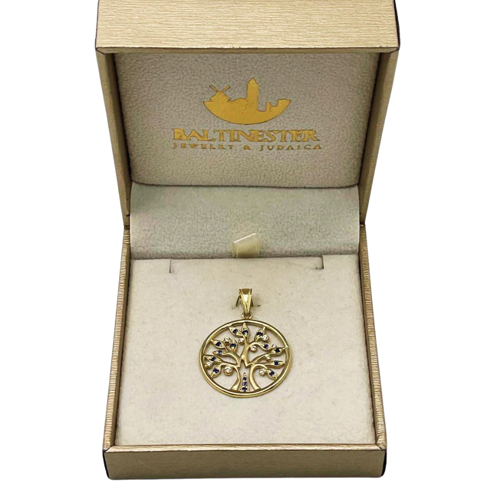 Tree of Life Round Pendant with Diamonds & Sapphires in 14K Yellow Gold - Image 7
