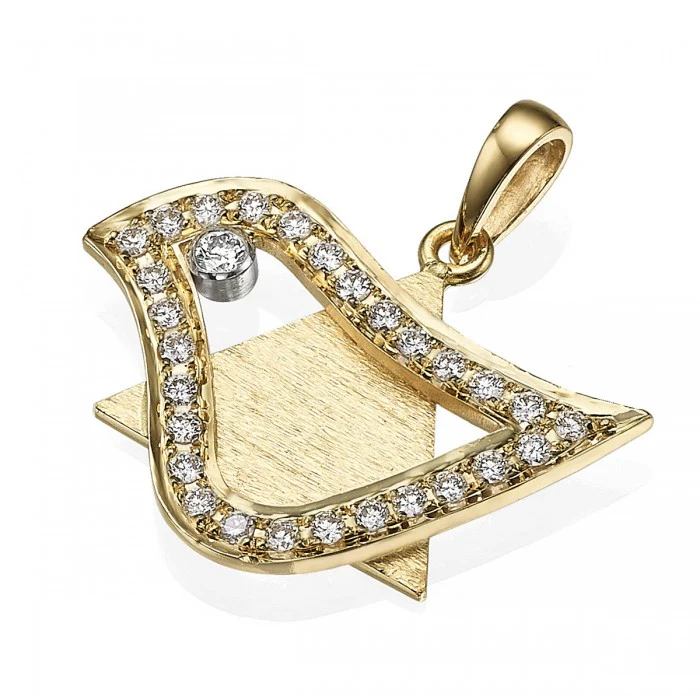 18k Gold Diamond Dove of Peace Magen David Pendant