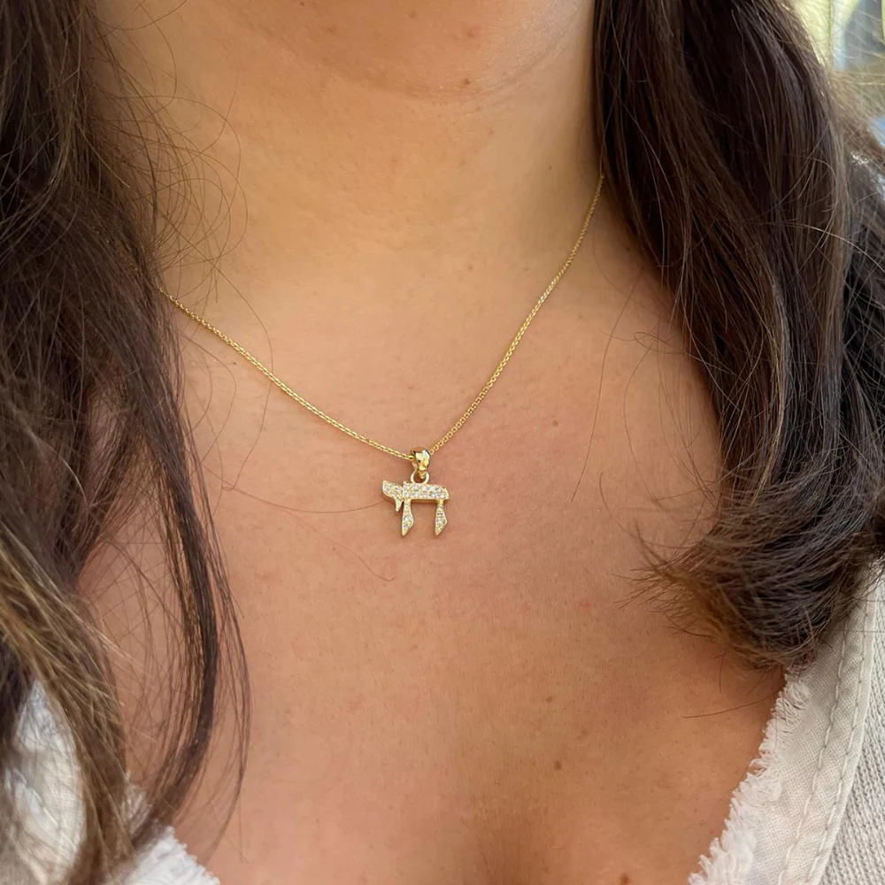 14K Gold Thick Diamond Chai Pendant - Image 3
