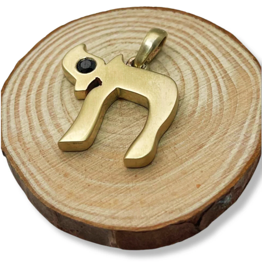 Chai Pendant in 14K Solid Gold with Black Diamond 0.27 CT - Image 4