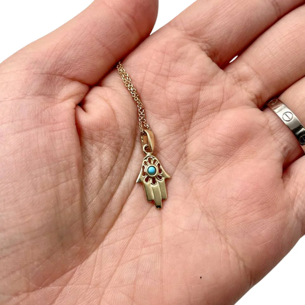 14k Gold Hamsa Pendant with Turquoise Stone - Image 3