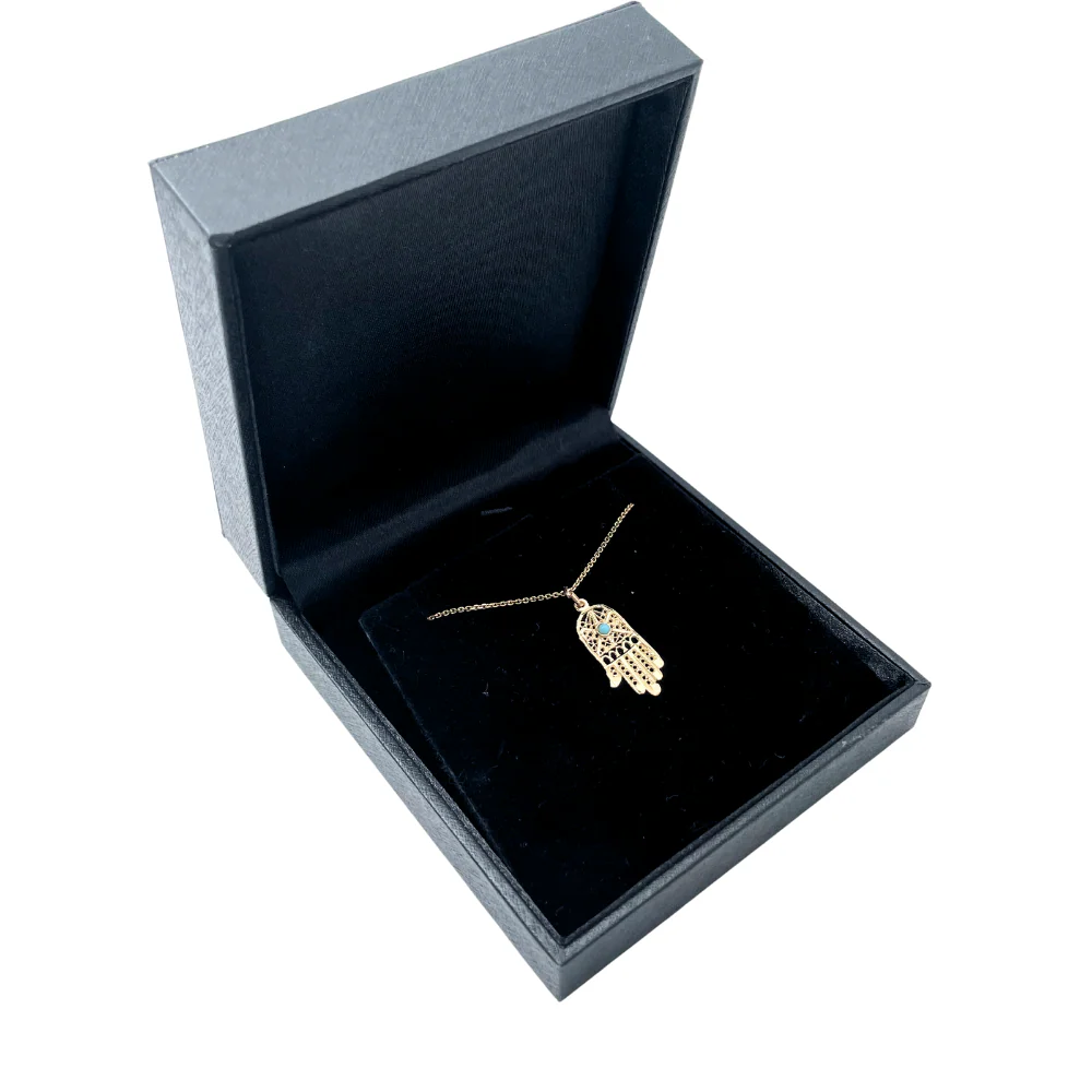 14k Gold Filigree Turquoise Hamsa Pendant - Image 2