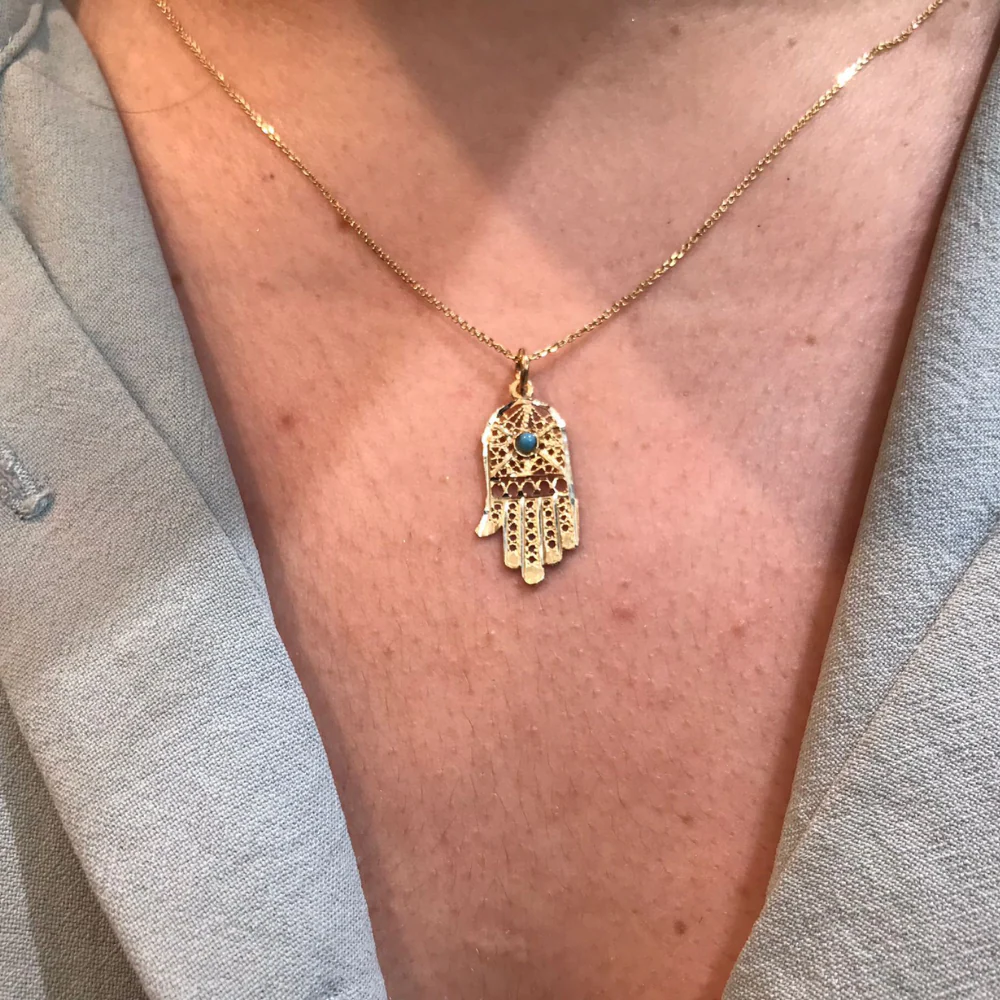 14k Gold Filigree Turquoise Hamsa Pendant - Image 6