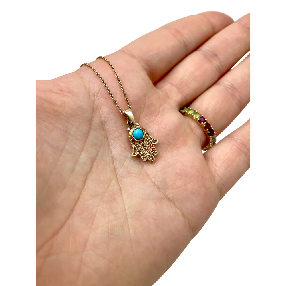 14K Gold Turquoise Filigree Mini Hamsa Pendant - Image 5