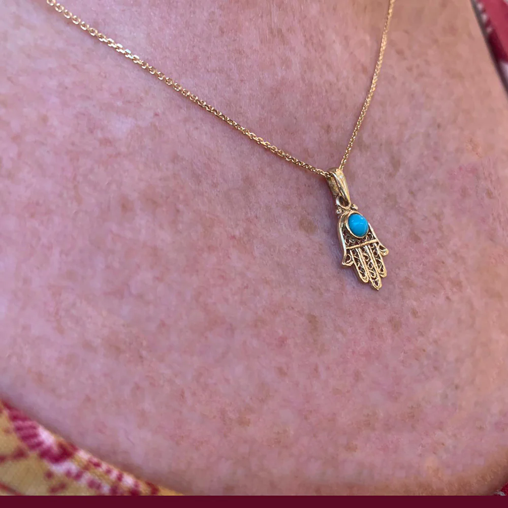 14K Gold Turquoise Filigree Mini Hamsa Pendant - Image 6