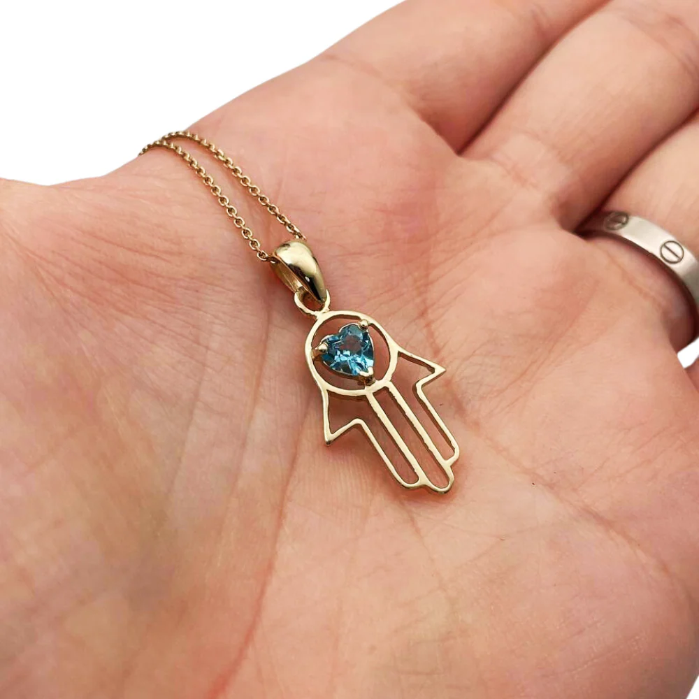 Heart Shaped Blue Topaz Hamsa Pendant - 14k Gold - Image 2