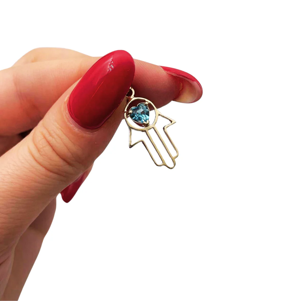 Heart Shaped Blue Topaz Hamsa Pendant - 14k Gold - Image 3