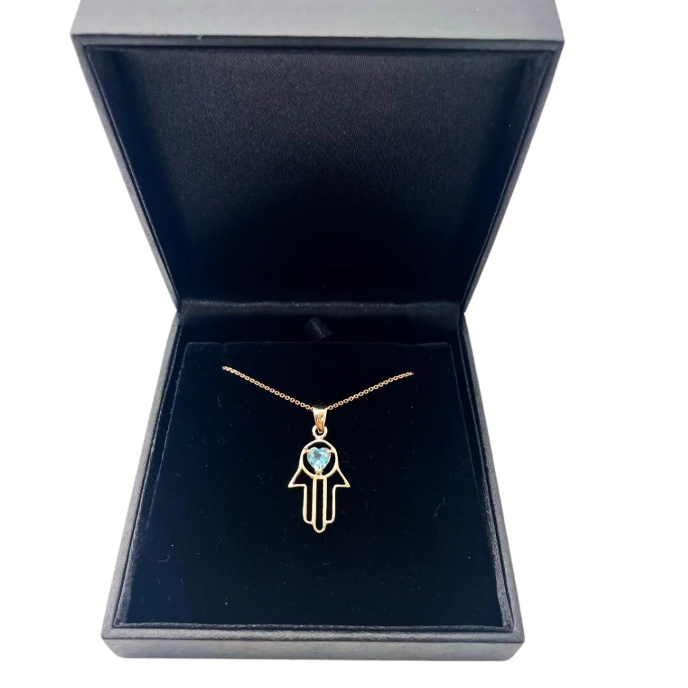 Heart Shaped Blue Topaz Hamsa Pendant - 14k Gold - Image 9