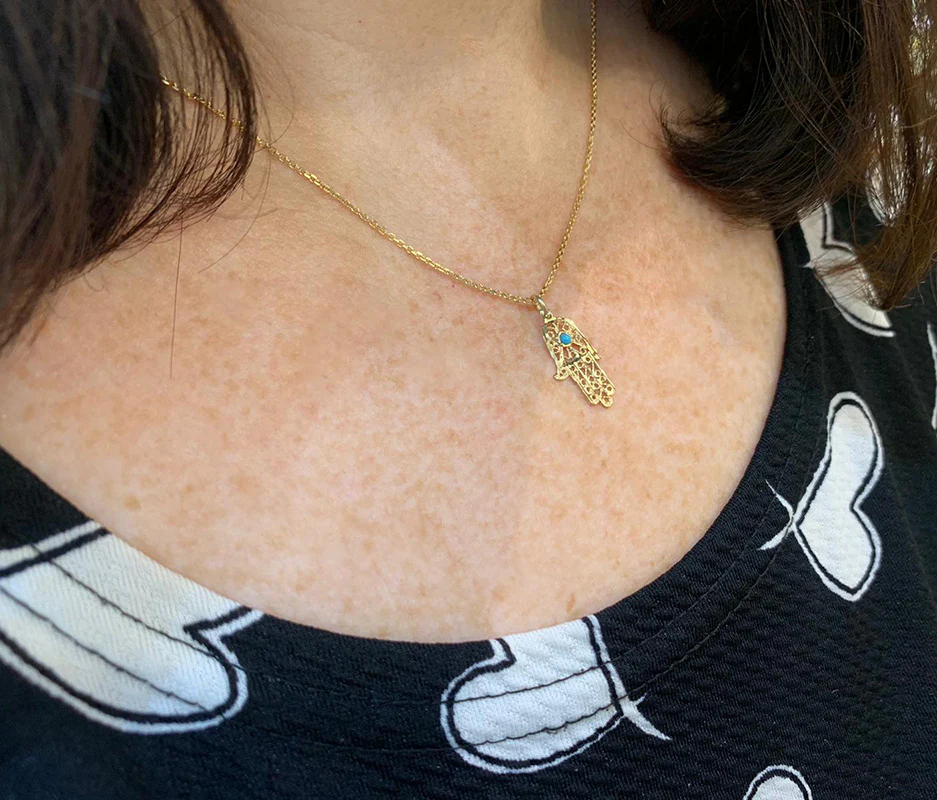 Hamsa Hand Pendant - 14k Yellow Gold Filigree Turquoise - Image 3