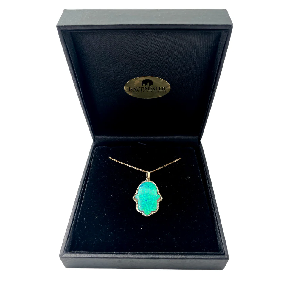 Blue Opal Hamsa Pendant in 14k Yellow Gold - Image 2