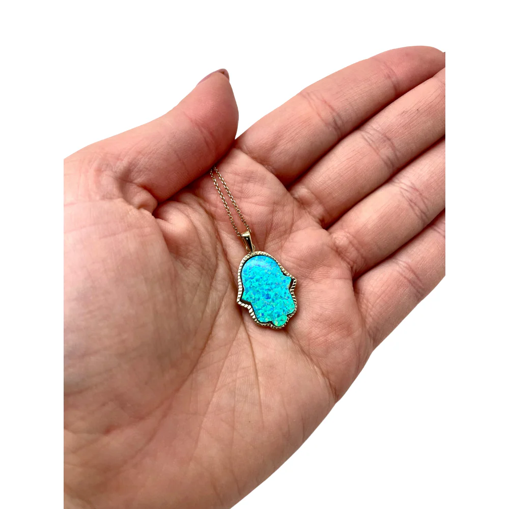 Blue Opal Hamsa Pendant in 14k Yellow Gold - Image 4