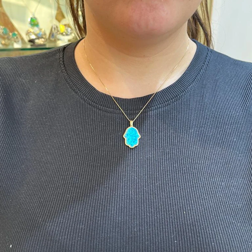Blue Opal Hamsa Pendant in 14k Yellow Gold - Image 6