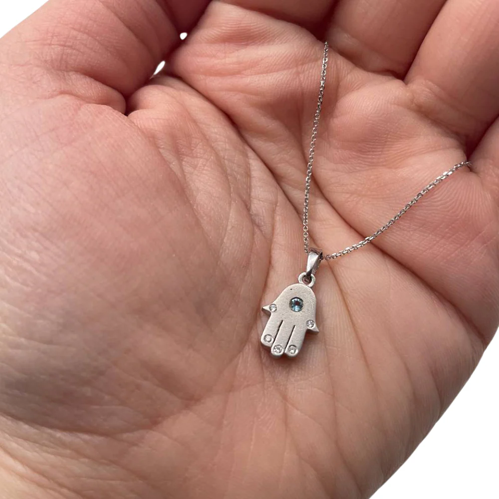 Mini Hamsa Pendant in 14K White Gold Blue Topaz and Diamonds - Image 2