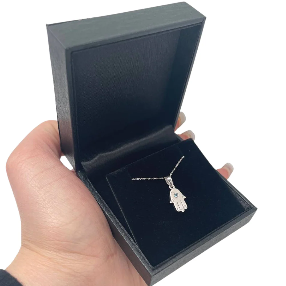 Mini Hamsa Pendant in 14K White Gold Blue Topaz and Diamonds - Image 3