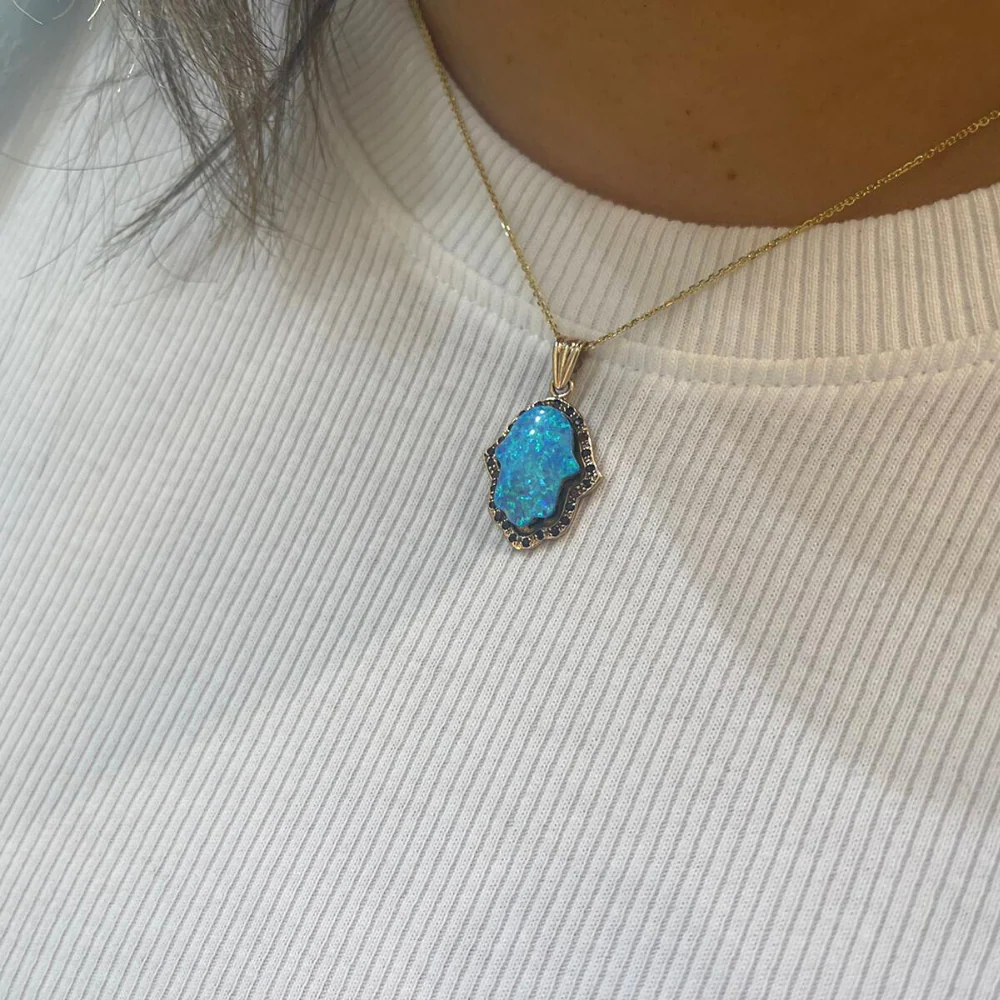 Hamsa Pendant 14k Rose Gold Opalite and Garnets - Image 3