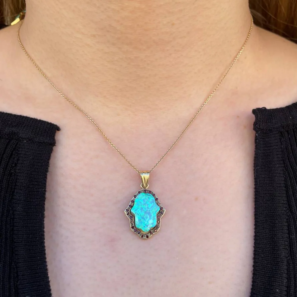 Hamsa Pendant in 14K Gold Opalite and Garnets - Image 2