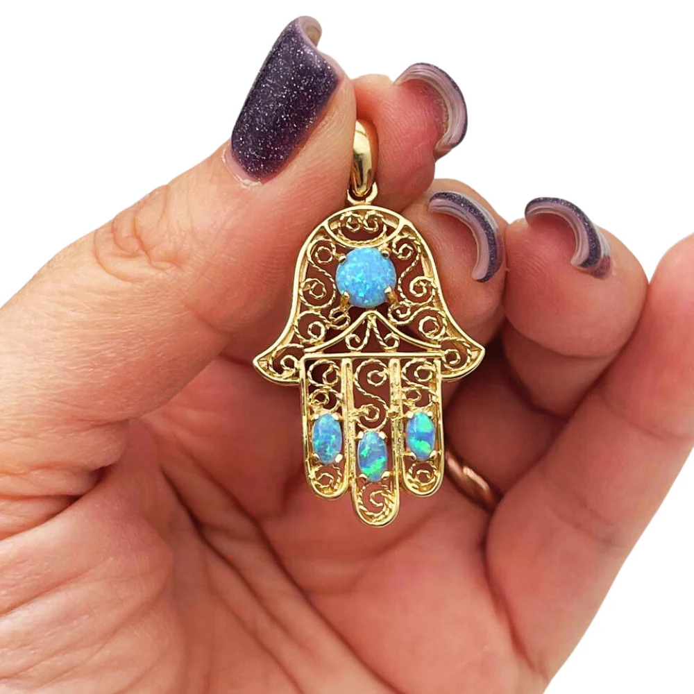 14k Gold Blue Opals Hamsa Pendant - Image 5