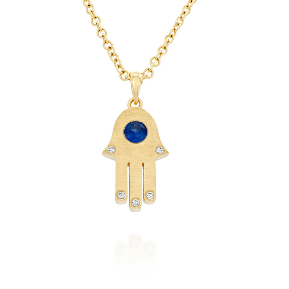 Hamsa Pendant with Diamonds and Blue Sapphire in 18k Gold - Image 3