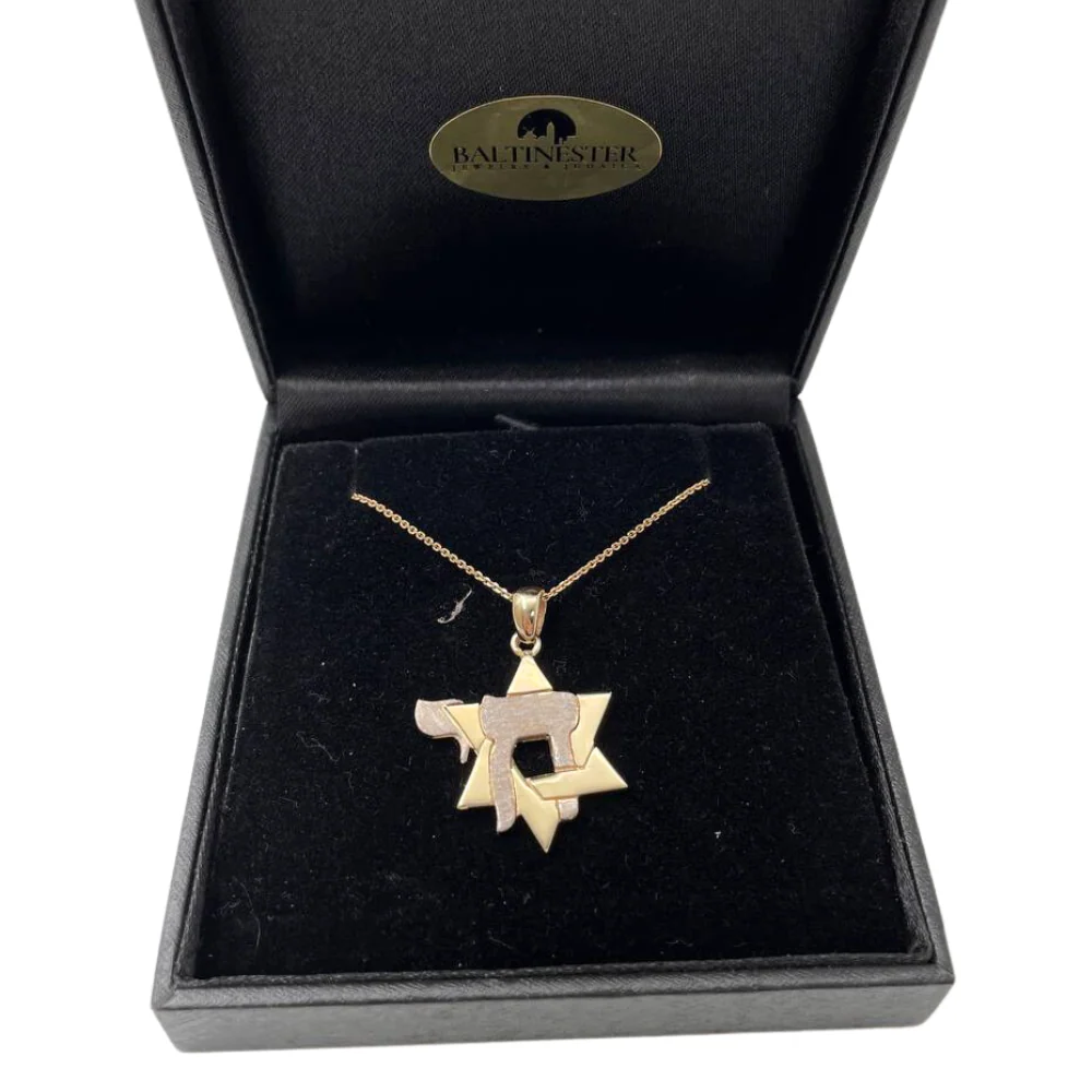 Star of David and Chai Pendant in 14K Gold - Image 2