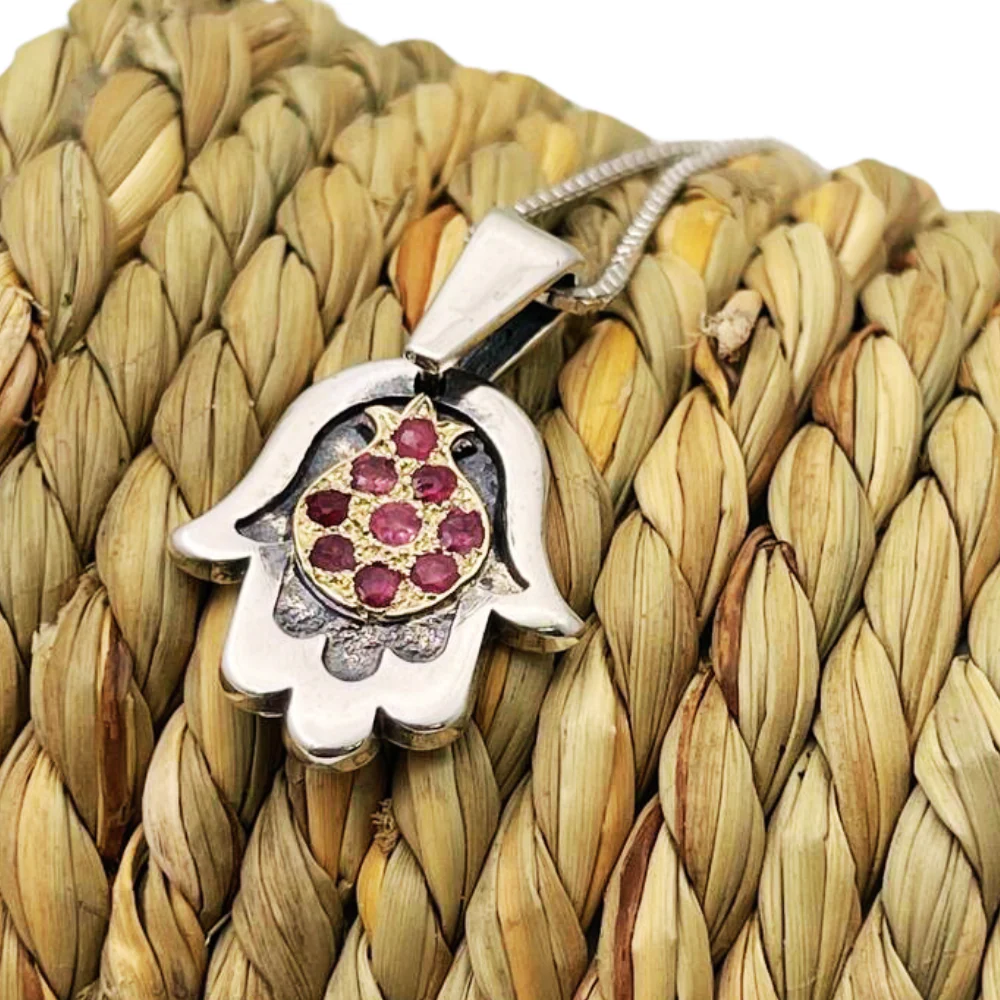 Hamsa with Pomegranate Necklace in Silver & Gold with Rubies - Image 10