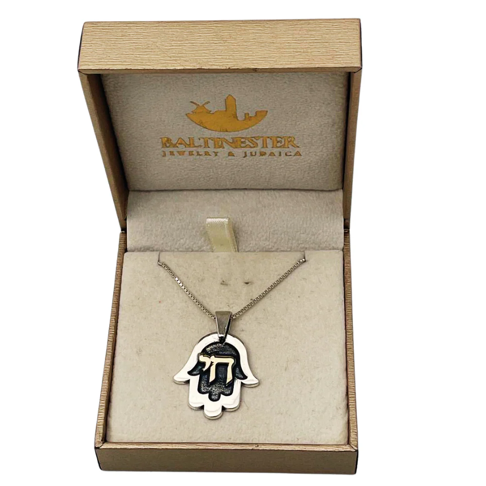 Hamsa with Chai Necklace in 925 Silver & 9K Gold - Image 8