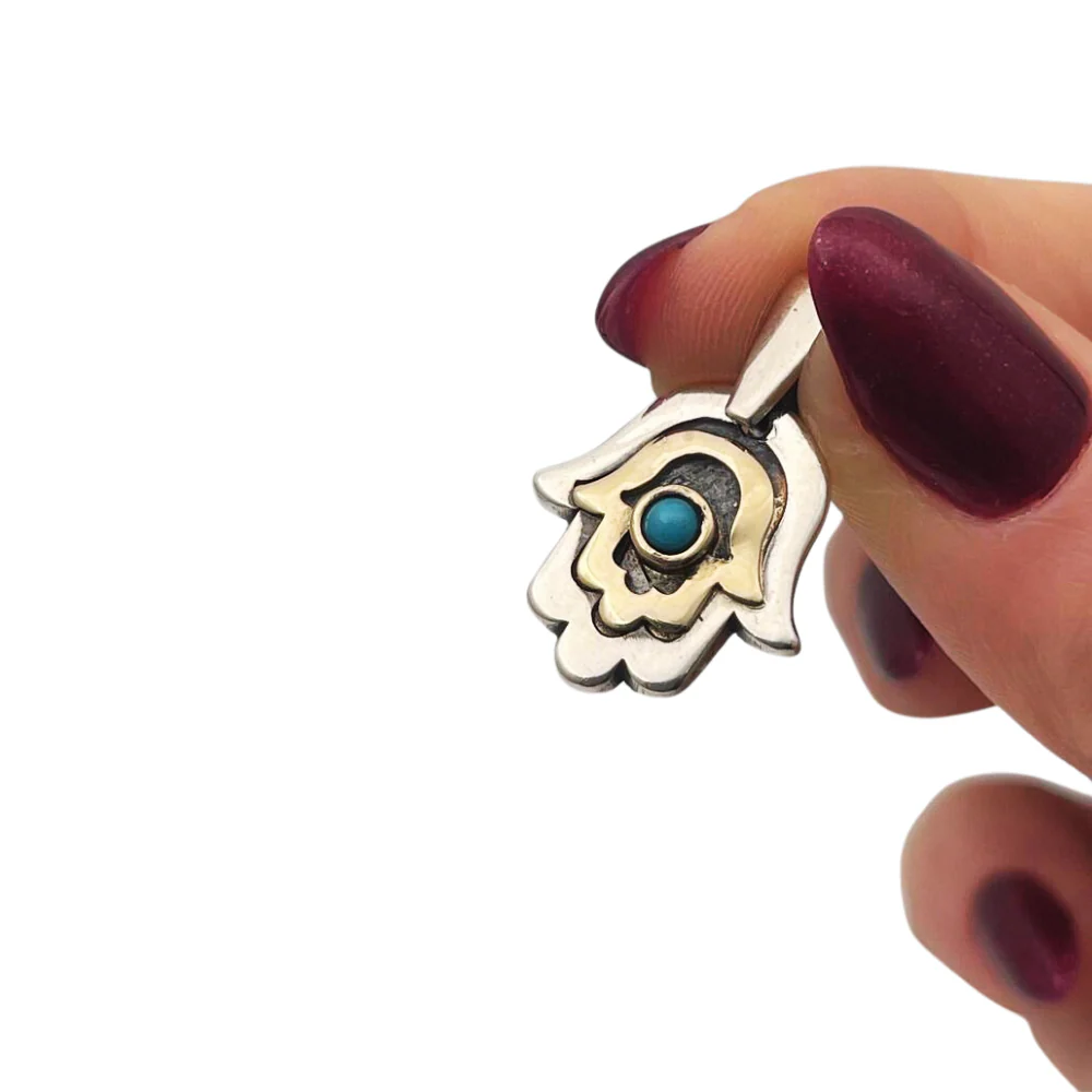 Hamsa Necklace with Blue Turquoise Stone in Silver and 9K Gold - Image 3