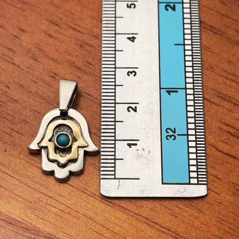 Hamsa Necklace with Blue Turquoise Stone in Silver and 9K Gold - Image 5
