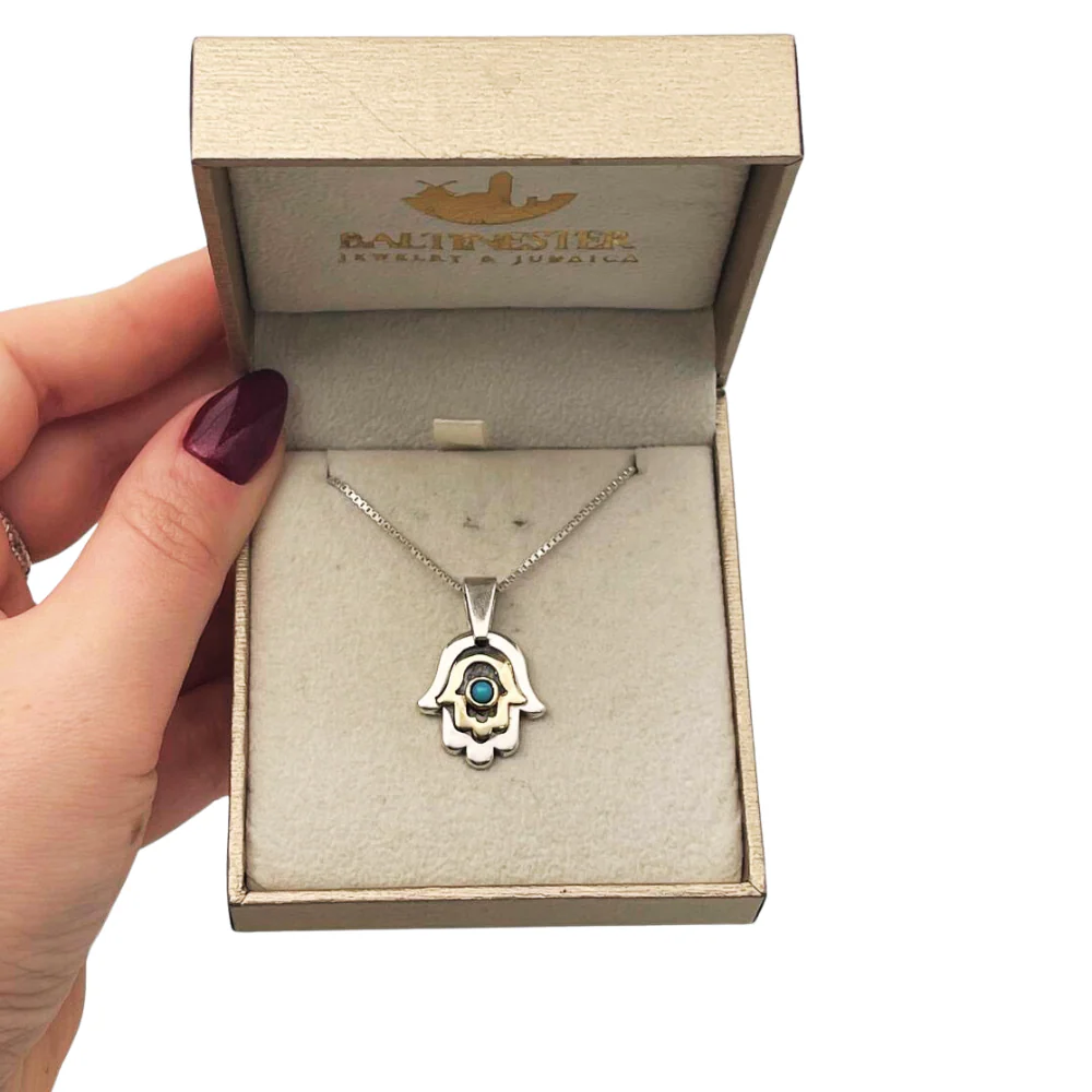 Hamsa Necklace with Blue Turquoise Stone in Silver and 9K Gold - Image 7