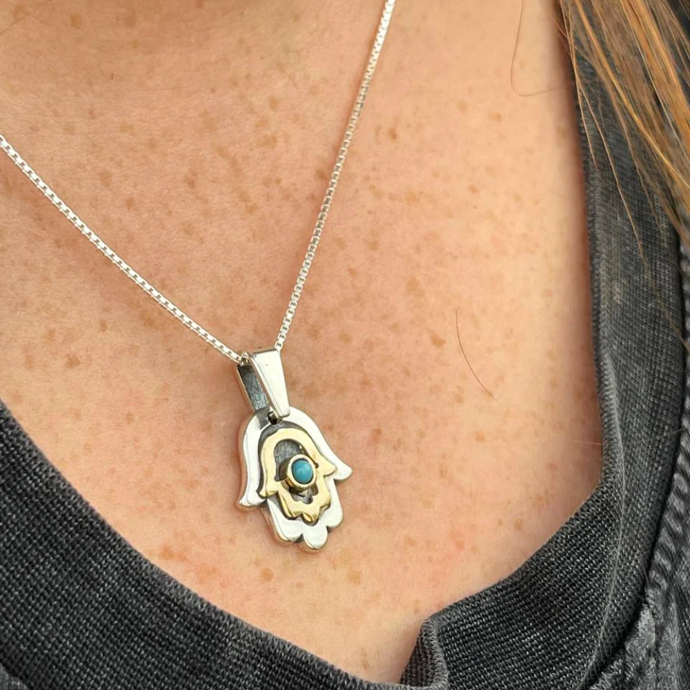 Hamsa Necklace with Blue Turquoise Stone in Silver and 9K Gold - Image 8
