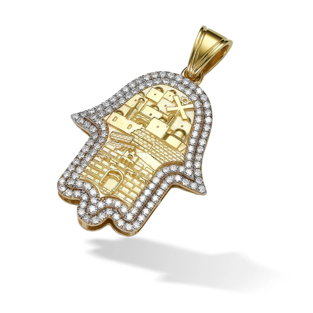 Hamsa Pendant with Jerusalem Skyline 14K Gold & 1.22 CT Diamonds – Am Yisrael Chai Engraving