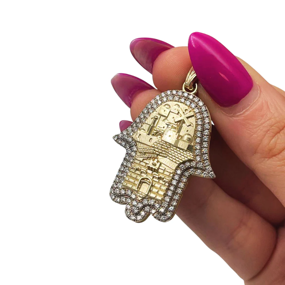 Hamsa Pendant with Jerusalem Skyline 14K Gold & 1.22 CT Diamonds – Am Yisrael Chai Engraving - Image 3