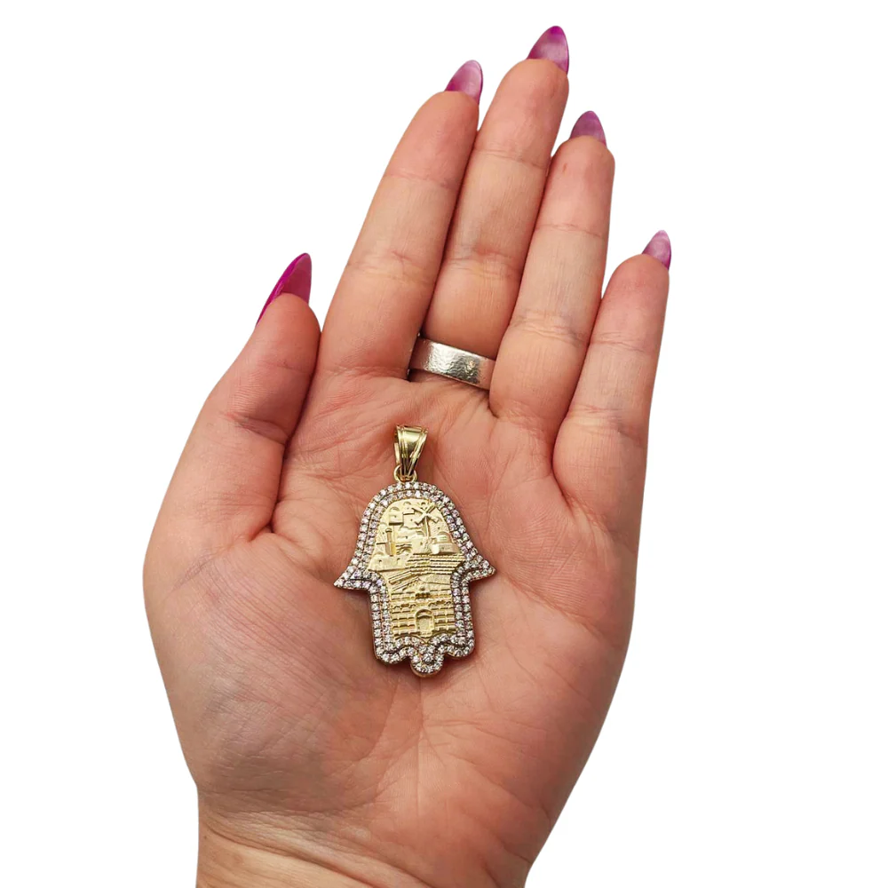 Hamsa Pendant with Jerusalem Skyline 14K Gold & 1.22 CT Diamonds – Am Yisrael Chai Engraving - Image 4