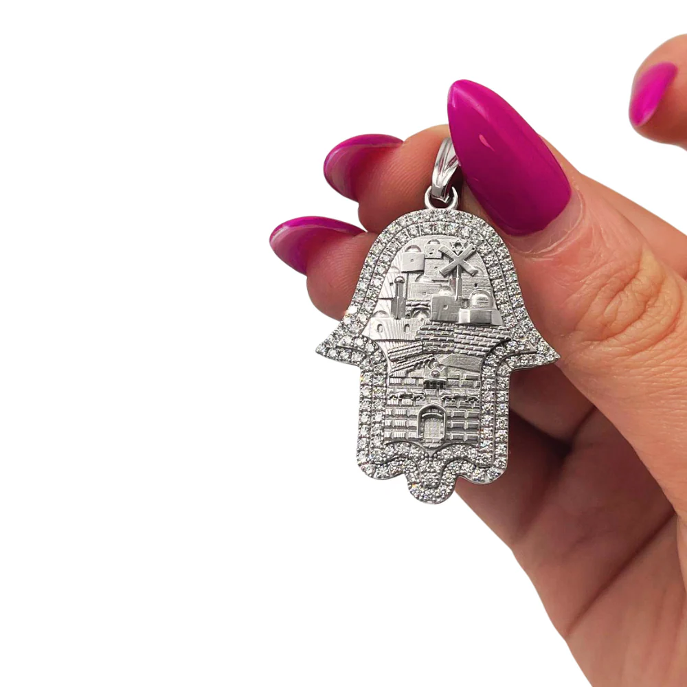 Hamsa Pendant with Jerusalem Skyline 14K Gold & 1.22 CT Diamonds – Am Yisrael Chai Engraving - Image 9