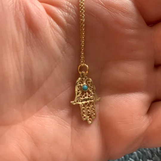 Filigree Turquoise Symmetric Hamsa 14k Gold Pendant - Image 2