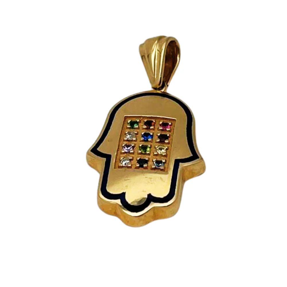 Hoshen Hamsa Pendant in 14k Gold with 12 Stones - Image 4